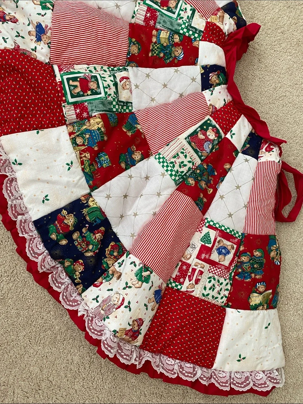 Vintage Handmade Patchwork Christmas Tree Skirt in Red, Green, White
